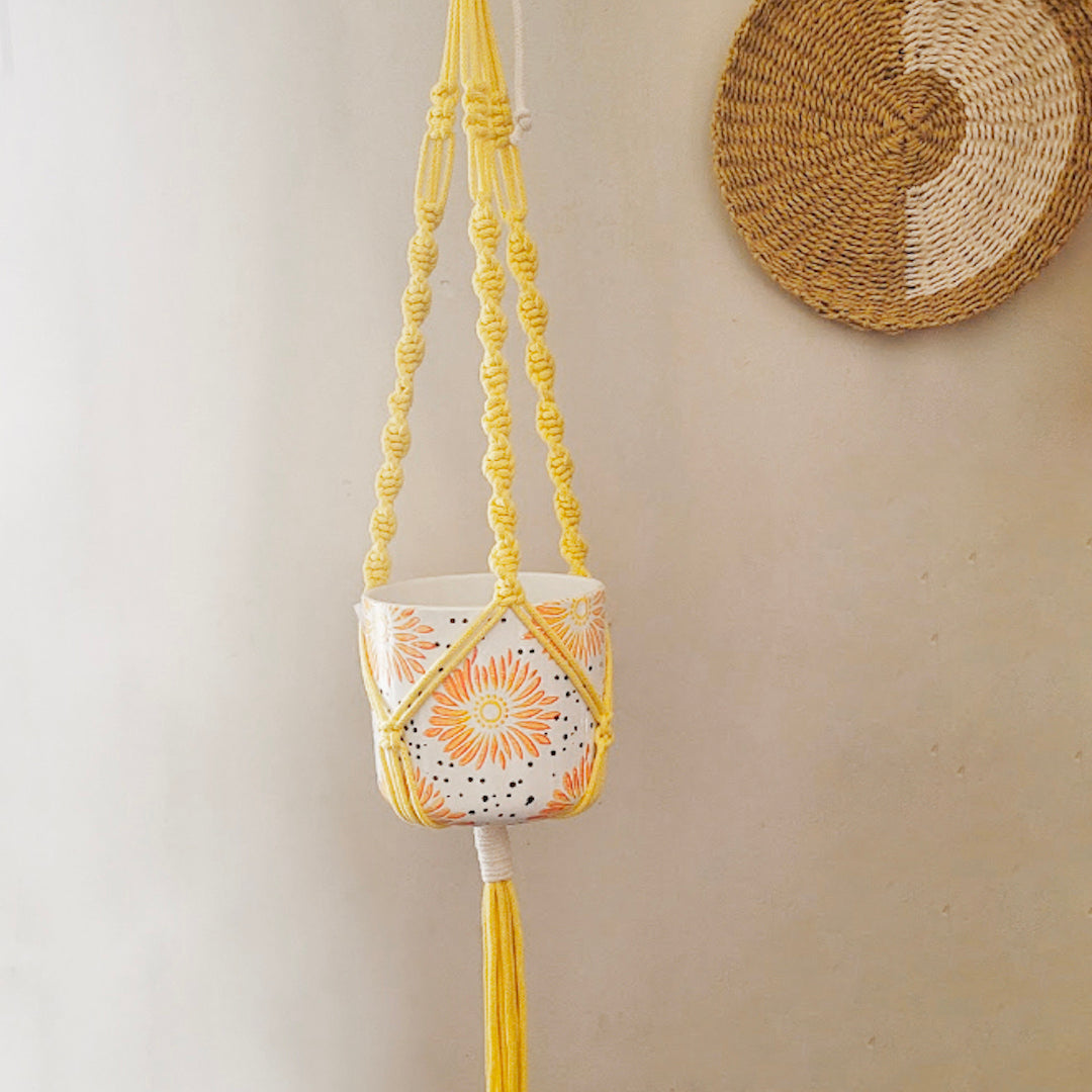Sunflower Pot with Yellow Spiral Macrame Hanger